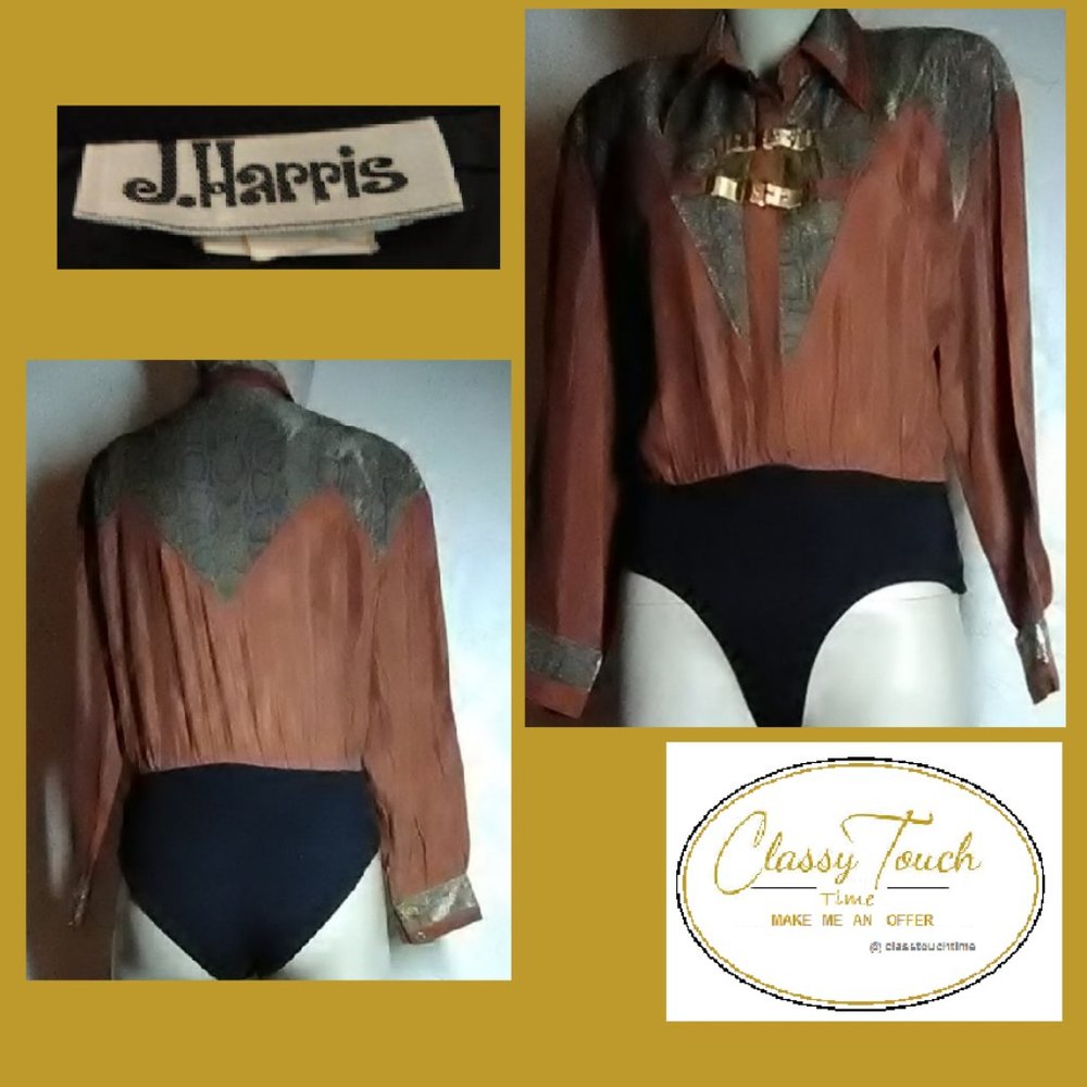 J. Harris Vintage Brown Gold Metallic Body Suit